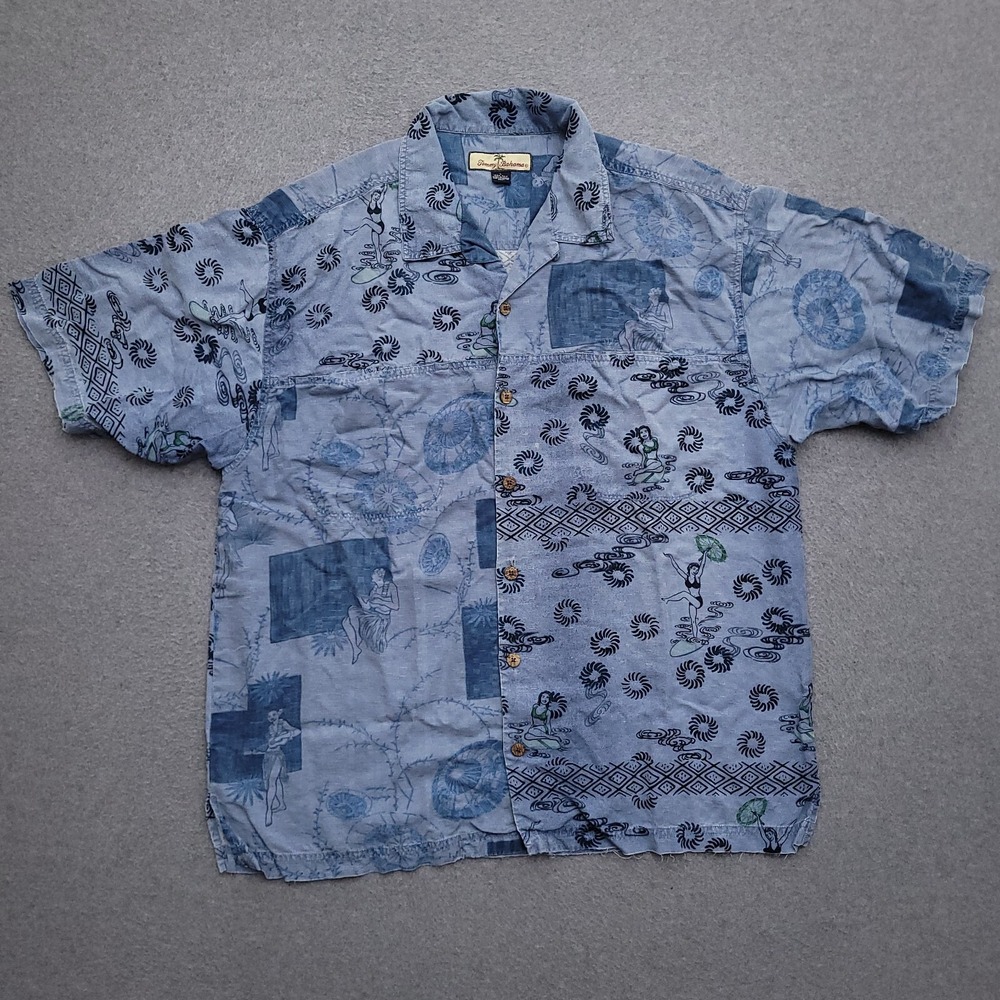 Tommy Bahama Hawaiian Shirt Mens Large Silk Bikini Hula Girls Blue Aloha